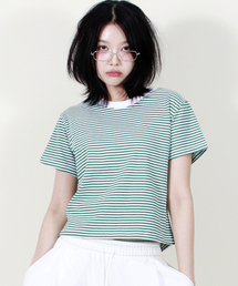 ストライプセミクロップ半袖Tシャツグリーン