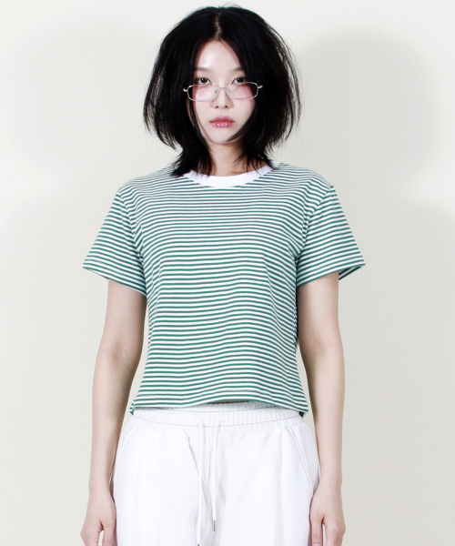 DEMARC(ドゥマーク)の「ストライプセミクロップ半袖Tシャツグリーン(Tシャツ/カットソー・レディース・その他・MEDIUM/LARGE)」の2枚目の写真