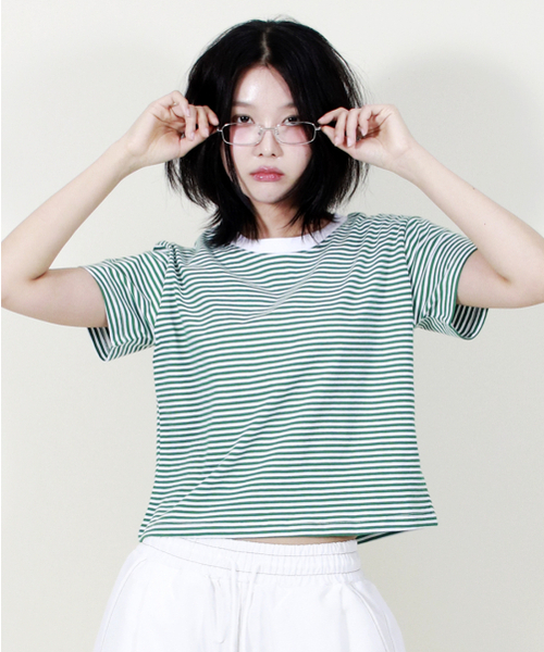 DEMARC(ドゥマーク)の「ストライプセミクロップ半袖Tシャツグリーン(Tシャツ/カットソー・レディース・その他・MEDIUM/LARGE)」の3枚目の写真