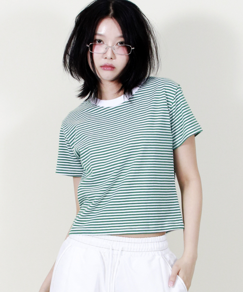 DEMARC(ドゥマーク)の「ストライプセミクロップ半袖Tシャツグリーン(Tシャツ/カットソー・レディース・その他・MEDIUM/LARGE)」の4枚目の写真