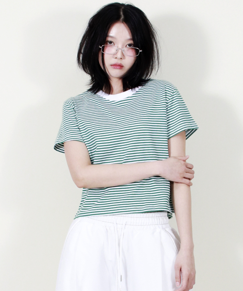DEMARC(ドゥマーク)の「ストライプセミクロップ半袖Tシャツグリーン(Tシャツ/カットソー・レディース・その他・MEDIUM/LARGE)」の5枚目の写真