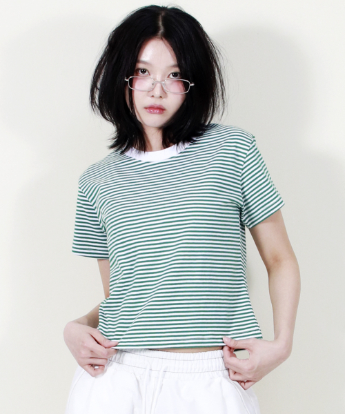 DEMARC(ドゥマーク)の「ストライプセミクロップ半袖Tシャツグリーン(Tシャツ/カットソー・レディース・その他・MEDIUM/LARGE)」の6枚目の写真