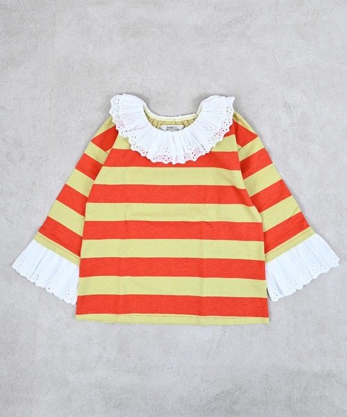 MARKEY'S（マーキーズ）の「レースフリルカラーボーダーロンティー（Tシャツ/カットソー・キッズ・レッド系その他/ピンク系その他/ブラック系その他・140/130/120/110/100/90/150）」の3枚目の写真