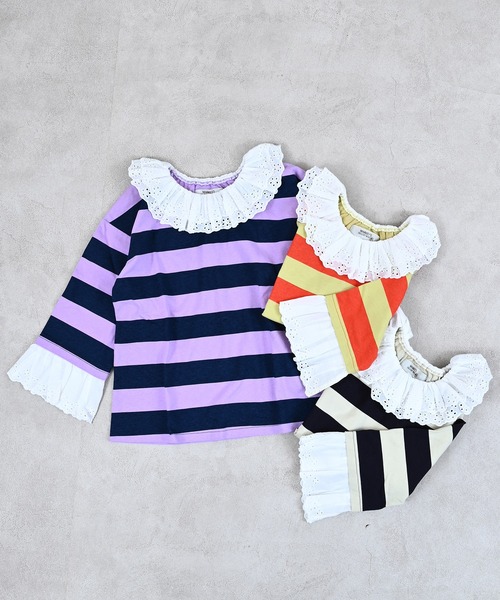 MARKEY'S（マーキーズ）の「レースフリルカラーボーダーロンティー（Tシャツ/カットソー・キッズ・レッド系その他/ピンク系その他/ブラック系その他・140/130/120/110/100/90/150）」の4枚目の写真