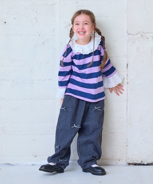 MARKEY'S（マーキーズ）の「レースフリルカラーボーダーロンティー（Tシャツ/カットソー・キッズ・レッド系その他/ピンク系その他/ブラック系その他・140/130/120/110/100/90/150）」の7枚目の写真