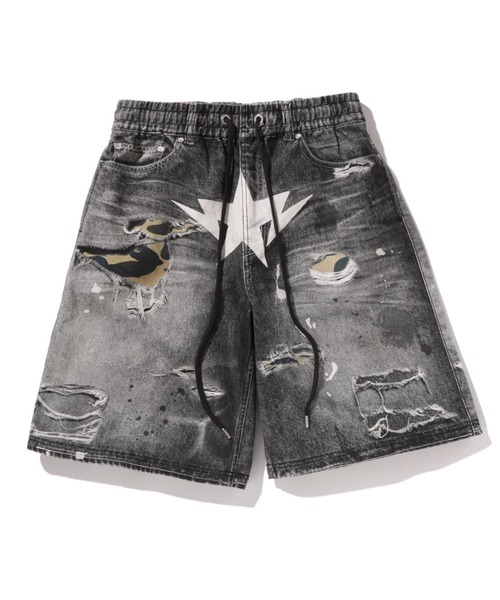 A BATHING APE(アベイシングエイプ)の「BAPE STA FAKE PRINT RELAXED FIT SHORTS(その他パンツ・メンズ・ブラック/ライトインディゴブルー・MEDIUM/X-LARGE/SMALL/XX-LARGE/LARGE)」の1枚目の写真