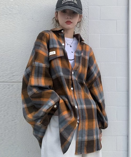 blackdia ocean(ブラックダイヤオーシャン)の「blackdia ocean オーバーサイズ オンブレチェックシャツ(シャツ/ブラウス・レディース・オレンジ系/ブルー系・FREE)」の1枚目の写真