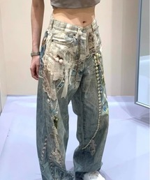 プリントアクセデザインワイドデニムパンツ