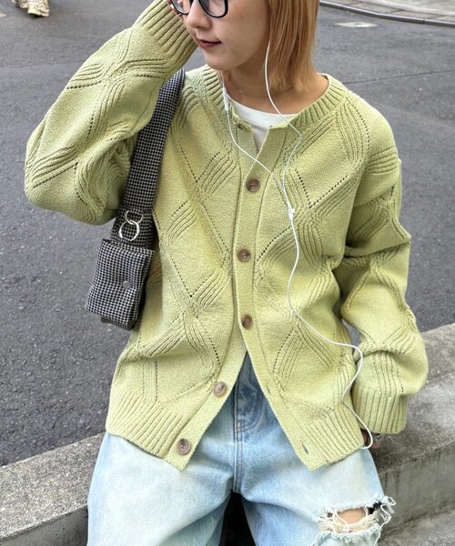 CIAOPANIC TYPY（チャオパニックティピー）の「【UNISEX】ダイヤメッシュクルーネックカーディガン（カーディガン/ボレロ・レディース・チャコールグレー/グリーン/ベージュ・LARGE/MEDIUM）」の3枚目の写真