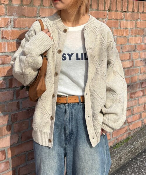 CIAOPANIC TYPY（チャオパニックティピー）の「【UNISEX】ダイヤメッシュクルーネックカーディガン（カーディガン/ボレロ・レディース・チャコールグレー/グリーン/ベージュ・LARGE/MEDIUM）」の4枚目の写真