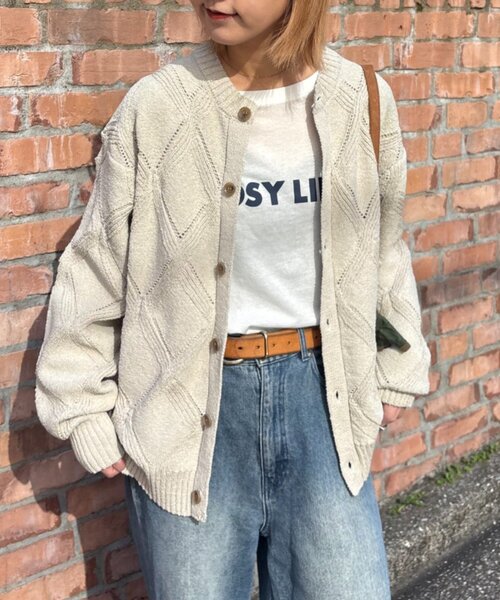 CIAOPANIC TYPY（チャオパニックティピー）の「【UNISEX】ダイヤメッシュクルーネックカーディガン（カーディガン/ボレロ・レディース・チャコールグレー/グリーン/ベージュ・LARGE/MEDIUM）」の5枚目の写真