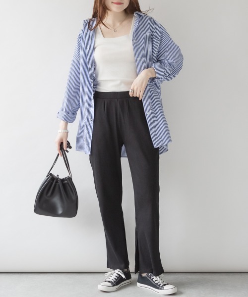 aity（アイティ）の「M-4L スリット入りリブパンツ（その他パンツ・レディース・ブラック/キャメル/グレイッシュベージュ・4L/3L/LL/L/M）」の9枚目の写真