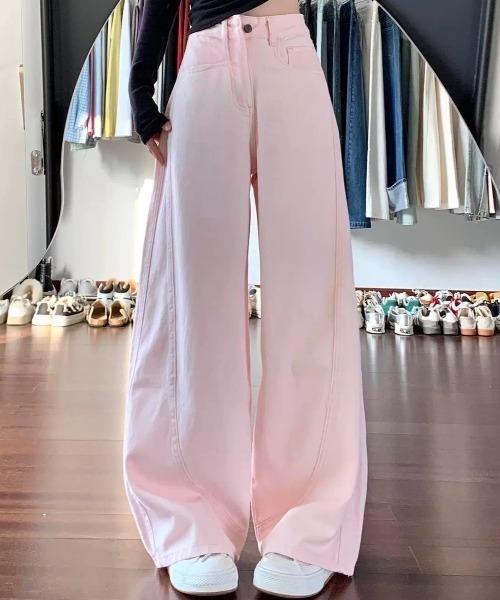 CELENA BEATS（セレナビーツ）の「ハイウエストカラーワイドデニムパンツ（デニムパンツ・レディース・ピンク/ホワイト・L/M/S）」の2枚目の写真