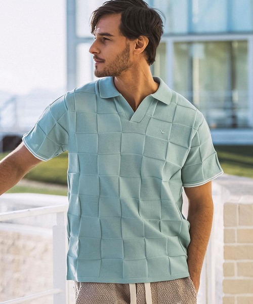 1PIU1UGUALE3  RELAX （ウノピゥウノウグァーレトレ リラックス）の「1PIU1UGUALE3 RELAX(ウノピゥウノウグァーレトレ リラックス)ブロックニット 半袖ポロシャツ（ポロシャツ・メンズ・ホワイト/サックスブルー/ブラック・XL/L/M/S）」の3枚目の写真