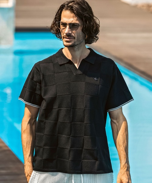 1PIU1UGUALE3  RELAX （ウノピゥウノウグァーレトレ リラックス）の「1PIU1UGUALE3 RELAX(ウノピゥウノウグァーレトレ リラックス)ブロックニット 半袖ポロシャツ（ポロシャツ・メンズ・ホワイト/サックスブルー/ブラック・XL/L/M/S）」の2枚目の写真