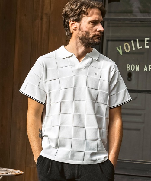 1PIU1UGUALE3  RELAX （ウノピゥウノウグァーレトレ リラックス）の「1PIU1UGUALE3 RELAX(ウノピゥウノウグァーレトレ リラックス)ブロックニット 半袖ポロシャツ（ポロシャツ・メンズ・ホワイト/サックスブルー/ブラック・XL/L/M/S）」の4枚目の写真