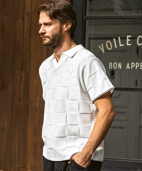 1PIU1UGUALE3  RELAX （ウノピゥウノウグァーレトレ リラックス）の「1PIU1UGUALE3 RELAX(ウノピゥウノウグァーレトレ リラックス)ブロックニット 半袖ポロシャツ（ポロシャツ・メンズ・ホワイト/サックスブルー/ブラック・XL/L/M/S）」の5枚目の写真