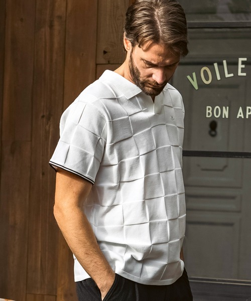 1PIU1UGUALE3  RELAX （ウノピゥウノウグァーレトレ リラックス）の「1PIU1UGUALE3 RELAX(ウノピゥウノウグァーレトレ リラックス)ブロックニット 半袖ポロシャツ（ポロシャツ・メンズ・ホワイト/サックスブルー/ブラック・XL/L/M/S）」の7枚目の写真