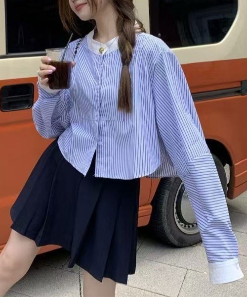 SallyLunn（サリーラン）の「配色カラー ストライプショートシャツ（シャツ/ブラウス・レディース・ブルー・X-LARGE/LARGE/MEDIUM）」の4枚目の写真