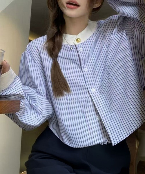 SallyLunn（サリーラン）の「配色カラー ストライプショートシャツ（シャツ/ブラウス・レディース・ブルー・X-LARGE/LARGE/MEDIUM）」の5枚目の写真