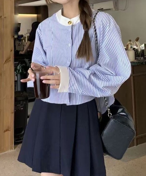 SallyLunn（サリーラン）の「配色カラー ストライプショートシャツ（シャツ/ブラウス・レディース・ブルー・X-LARGE/LARGE/MEDIUM）」の2枚目の写真