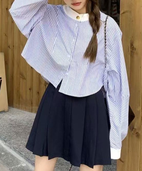 SallyLunn（サリーラン）の「配色カラー ストライプショートシャツ（シャツ/ブラウス・レディース・ブルー・X-LARGE/LARGE/MEDIUM）」の3枚目の写真