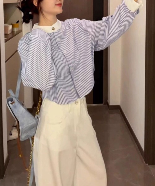 SallyLunn（サリーラン）の「配色カラー ストライプショートシャツ（シャツ/ブラウス・レディース・ブルー・X-LARGE/LARGE/MEDIUM）」の12枚目の写真