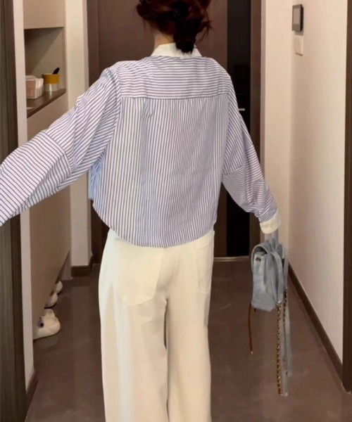 SallyLunn（サリーラン）の「配色カラー ストライプショートシャツ（シャツ/ブラウス・レディース・ブルー・X-LARGE/LARGE/MEDIUM）」の13枚目の写真