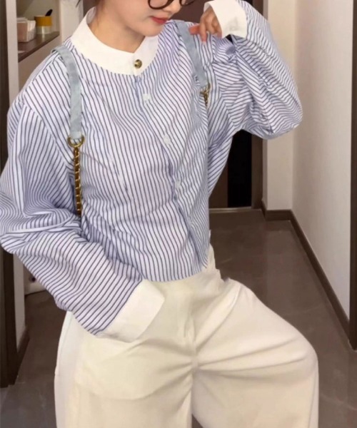 SallyLunn（サリーラン）の「配色カラー ストライプショートシャツ（シャツ/ブラウス・レディース・ブルー・X-LARGE/LARGE/MEDIUM）」の15枚目の写真