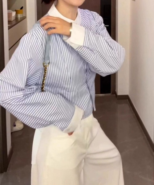 SallyLunn（サリーラン）の「配色カラー ストライプショートシャツ（シャツ/ブラウス・レディース・ブルー・X-LARGE/LARGE/MEDIUM）」の16枚目の写真