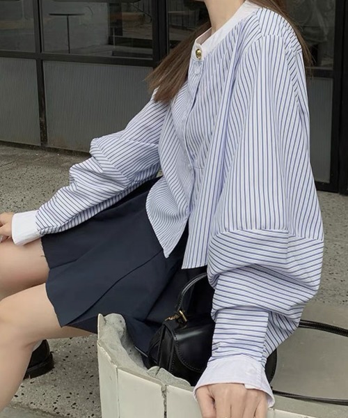SallyLunn（サリーラン）の「配色カラー ストライプショートシャツ（シャツ/ブラウス・レディース・ブルー・X-LARGE/LARGE/MEDIUM）」の6枚目の写真