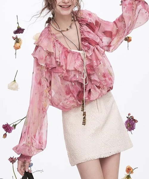 Vネックフリル花柄シアーボリューム袖ブラウス