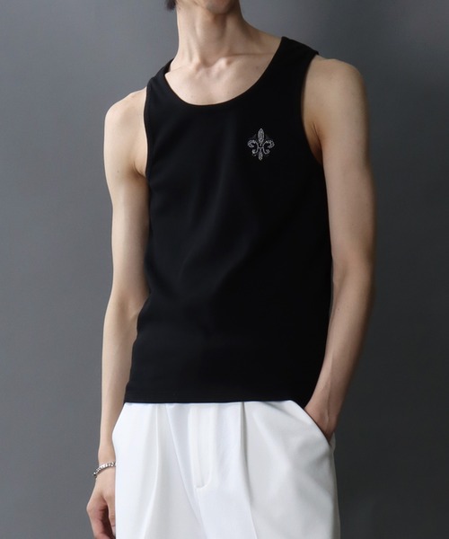 SITRY（シトリー）の「Line Stone Teleco Tank Top/ラインストーン ショート丈 テレコタンクトップ ノースリーブ インナータンク（タンクトップ・メンズ・ブラック/ホワイト・L/M）」の2枚目の写真