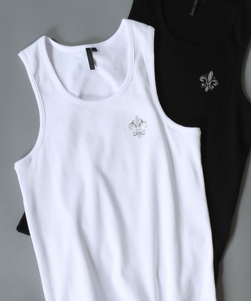 SITRY（シトリー）の「Line Stone Teleco Tank Top/ラインストーン ショート丈 テレコタンクトップ ノースリーブ インナータンク（タンクトップ・メンズ・ブラック/ホワイト・L/M）」の19枚目の写真