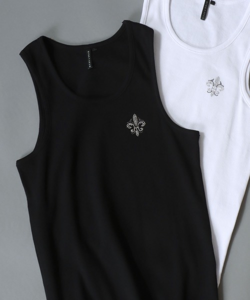SITRY（シトリー）の「Line Stone Teleco Tank Top/ラインストーン ショート丈 テレコタンクトップ ノースリーブ インナータンク（タンクトップ・メンズ・ブラック/ホワイト・L/M）」の12枚目の写真
