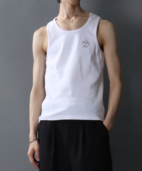 SITRY（シトリー）の「Line Stone Teleco Tank Top/ラインストーン ショート丈 テレコタンクトップ ノースリーブ インナータンク（タンクトップ・メンズ・ブラック/ホワイト・L/M）」の20枚目の写真