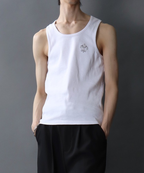 SITRY（シトリー）の「Line Stone Teleco Tank Top/ラインストーン ショート丈 テレコタンクトップ ノースリーブ インナータンク（タンクトップ・メンズ・ブラック/ホワイト・L/M）」の22枚目の写真