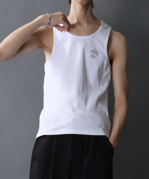 SITRY（シトリー）の「Line Stone Teleco Tank Top/ラインストーン ショート丈 テレコタンクトップ ノースリーブ インナータンク（タンクトップ・メンズ・ブラック/ホワイト・L/M）」の21枚目の写真