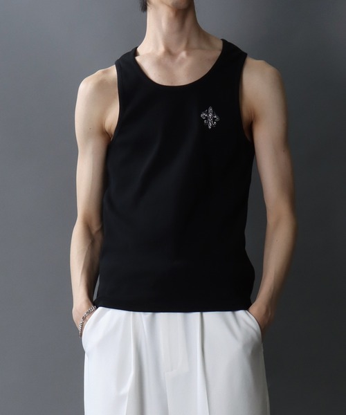 SITRY（シトリー）の「Line Stone Teleco Tank Top/ラインストーン ショート丈 テレコタンクトップ ノースリーブ インナータンク（タンクトップ・メンズ・ブラック/ホワイト・L/M）」の13枚目の写真