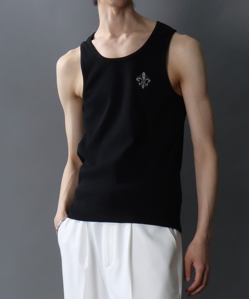 SITRY（シトリー）の「Line Stone Teleco Tank Top/ラインストーン ショート丈 テレコタンクトップ ノースリーブ インナータンク（タンクトップ・メンズ・ブラック/ホワイト・L/M）」の15枚目の写真