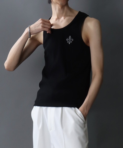 SITRY（シトリー）の「Line Stone Teleco Tank Top/ラインストーン ショート丈 テレコタンクトップ ノースリーブ インナータンク（タンクトップ・メンズ・ブラック/ホワイト・L/M）」の14枚目の写真