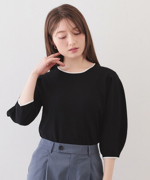 index(インデックス)の「【UVケア】6分袖タックスリーブニット《洗濯機OK/XS~LL/9col》(ニット/セーター・レディース・グレー系4/ブラック系4/ライトグリーン系/グリーン系5/ピンク系1/ベージュ系その他7/ホワイト系7/サックスブルー系5/ピンク系その他・34/36/42/40/38)」の2枚目の写真