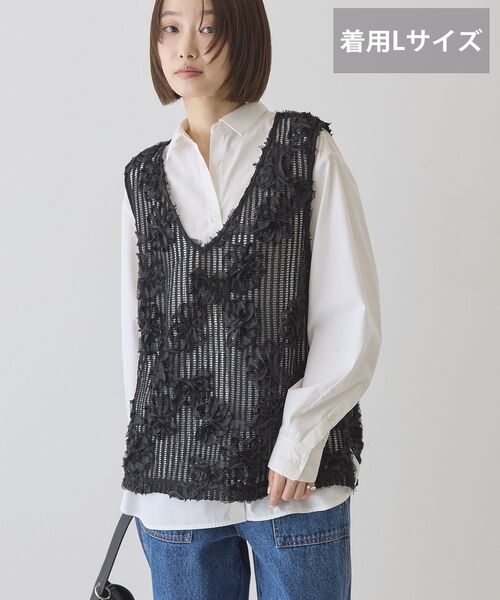 AMERICAN HOLIC（アメリカンホリック）の「【選べる丈】Vネックレースベスト（ベスト・レディース・ブラック/アイボリー/オフホワイト・L/M）」の9枚目の写真
