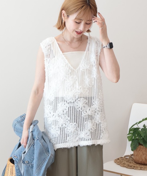 AMERICAN HOLIC（アメリカンホリック）の「【選べる丈】Vネックレースベスト（ベスト・レディース・ブラック/アイボリー/オフホワイト・L/M）」の2枚目の写真