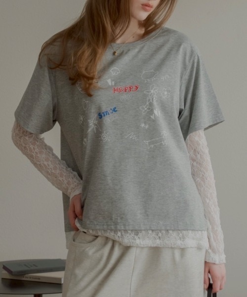 JUMELLE（ジュメロ）の「レースドッキングTシャツ（Tシャツ/カットソー・レディース・イエロー/グレー・FREE）」の2枚目の写真