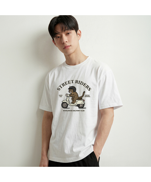 OKSTAR(オクスター)の「ライダーキャット半袖Tシャツ(Tシャツ/カットソー・メンズ・ホワイト/ライトグレー/ブラック/ライトベージュ・SMALL/MEDIUM/LARGE/X-LARGE/2XL/3XL/4XL)」の1枚目の写真
