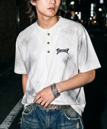 【82】スプレー加工 ワンポイント刺繍 ショート丈 切替 ヘンリーネックTシャツ/ユニセックス/レディース/メンズ