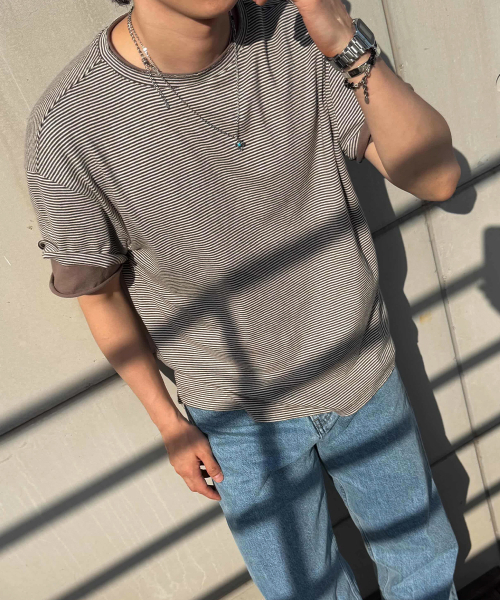 MAISON MINED(メゾンミネド)の「STRIPE LAYERED HALF T BROWN(Tシャツ/カットソー・メンズ・その他・SMALL/MEDIUM/LARGE)」の16枚目の写真