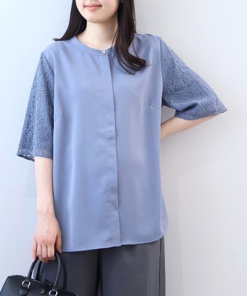 fleur by mint breeze(フルールバイミントブリーズ)の「【L~5L 大きいサイズ】レーススリーブバンドカラーブラウス(シャツ/ブラウス・レディース・ネイビー/ブルー/オフホワイト・LL/3L/4L/5L/L)」の3枚目の写真