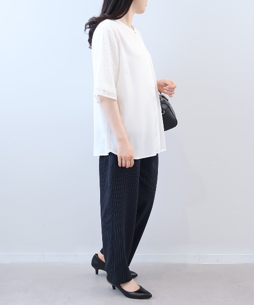fleur by mint breeze(フルールバイミントブリーズ)の「【L~5L 大きいサイズ】レーススリーブバンドカラーブラウス(シャツ/ブラウス・レディース・ネイビー/ブルー/オフホワイト・LL/3L/4L/5L/L)」の6枚目の写真